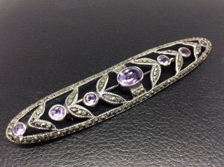 Vintage Sterling Silver Marcasite And Purple Amethyst Brooch Pin