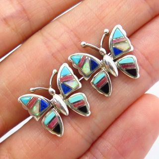 Vintage Old Pawn Sterling Silver Multi - Color Gem Inlay Butterfly Tribal Earrings