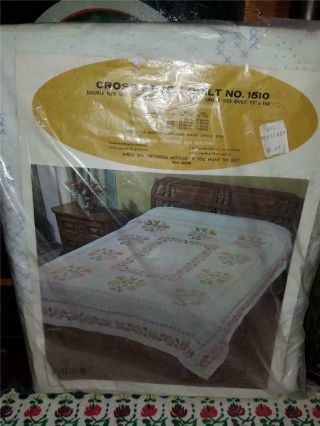 Vtg Melody Cross Stitch Quilt Kit Double 90x103 Cotton Stamped Top Open Complete