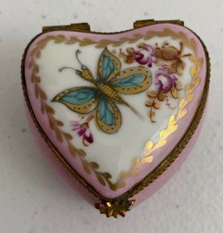 Vintage Limoges France Hand Painted Heart Shape Trinket Box Butterflies Signed