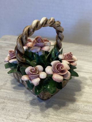 Capodimonte Vintage Nuova,  Italy Porcelain Rose Flower Basket 4.  5”