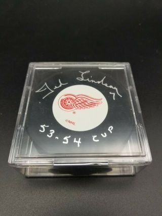 Ted Lindsay Signed Autographed Detroit Red Wings Puck " 53 - 54 Cup " Inscription