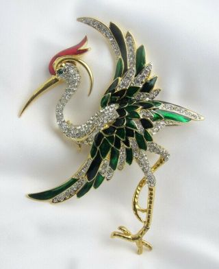 Rhinestone Enamel Standing Crane Egret Heron Bird Vintage 4 " Pin Brooch