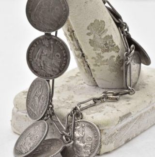 Vintage Sterling Silver & 1/2 Dino Peru Ladies Coin Bracelet Gold Filled Lock