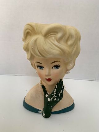 Vintage Lefton Made In Japan Exclusive Lady Head Vase Planter Blonde Pearls