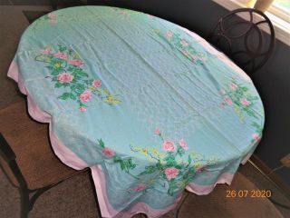 Vtg 1950 Printed Green Aqua & Pink Floral Tablecloth Craft Cutter 46x62