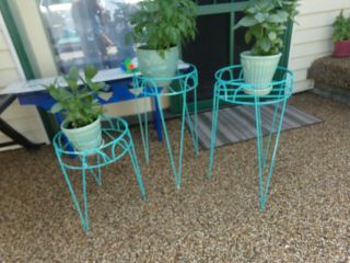3 Vintage M.  C.  M.  Teal Metal Plant Stands With Hair Pin Legs