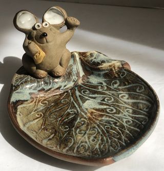 Vintage Pottery Craft Usa Stoneware Glazed Leaf Shaped Trinket Dish Mouse Cheese