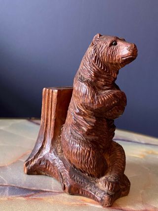 Vintage Hand Carved Black Forest Wooden Bear With Folded Arms
