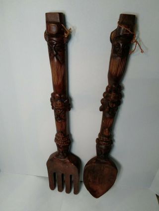 Vintage Giant Wooden Fork And Spoon Carved Faces Wall Hanging 24 " Long