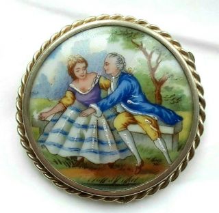 Vintage Sterling Silver Limoges Hand Painted Courtship Porcelain Brooch Pin O18