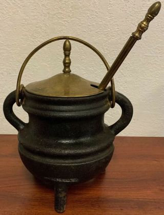 Vintage Cast Iron & Brass Fire Starter Pot 3 - Footed With Wand