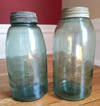 Ball Mason Glass Jars (set Of 2) Large Vintage 1950s Blue Metal Lids