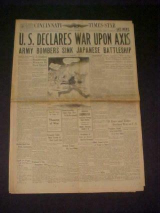 Antique World War 2 Us Declares War On Axis Vintage Newspaper Wwii 1941