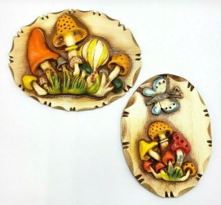 Vintage Set Of 2 Mushrooms Wall Art Butterfly Plaster 1960s 70s Mid Century Mod
