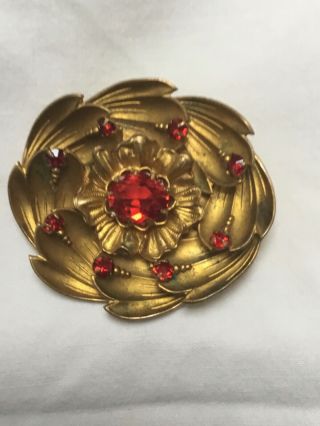 Vintage 1940s Red Rhinestone Large Gold Tone Brooch 5.  9cm X 4.  8cm Lovely