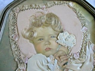 Vintage Victorian Mourning Photo Baby w / Real Hair Lace Satin Blanket w Bows 3