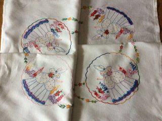 Vintage Hand Embroidered Linen Tablecloth Crinoline Ladies Country Garden Flower