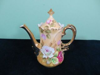 Vintage Lefton Brown Heritage Rose Coffee Tea Pot Hand Painted 1866 Gold Rare
