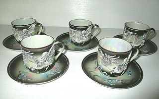 Vintage Japan Hand Painted Dragonware Porcelain Tea Cups & Saucers Set Of 5