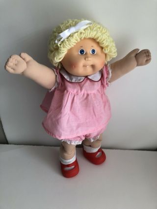 Vintage 1985 Cabbage Patch Kids Doll Blonde Blue Eyes Tooth Two Dimples Pink