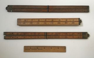 3 Vintage Carpenter ' s Folding Rules,  Stanley 62,  66 1/2,  Boxwood,  Brass 2