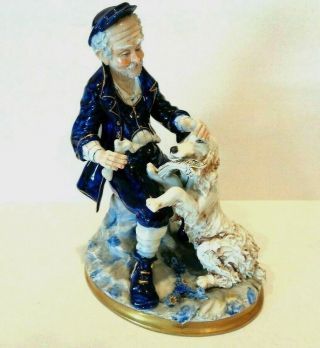 Capodimonte Italian Porcelain Figurine Old Man With Dog Fetching Newspaper Vtg