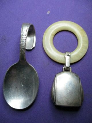 Vintage Baby Sterling Silver Finger Hand Rattle & Selbra Curved Handle Spoon B8