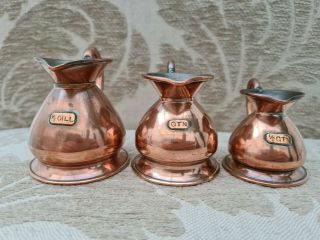 3 Vintage Graduated Copper Measuring Jugs - 1/2 Gill,  Qtn,  1/2 Qtn