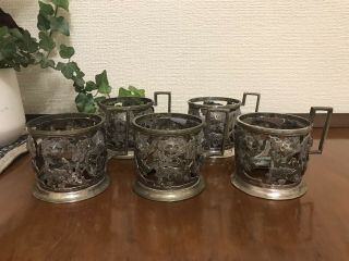 5 X Vintage Russian? Tea Glass Holder Filigree Metal