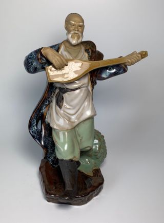 Vintage Chinese Shiwan Pottery Ornament Wise Man Playing Guitar Figure 21.  5cm