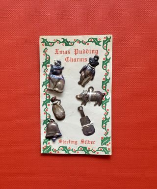 A Good Vintage Set Of 6 Sterling Silver Xmas Pudding Charms On The Card