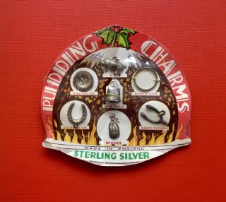 A Good Vintage Set Of 7 Sterling Silver Xmas Pudding Charms On The Card