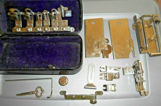 Vintage Parts Feet Attachments Case Key For Treadle Sewing Machine In Metal Box