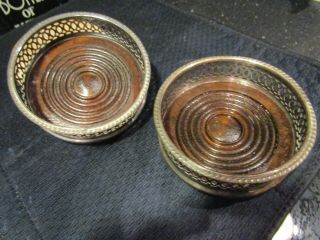Two Vintage Table Wine Bottle Coasters - Silver Plated & Turned Wood Bases