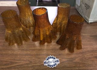 Set Of 5 Vintage Amber Crackle Glass Lamp Shades Mid Century