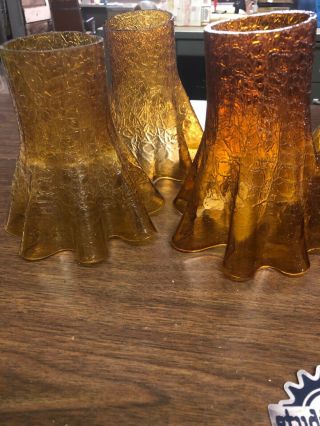 Set Of 5 vintage amber crackle Glass Lamp Shades Mid Century 3