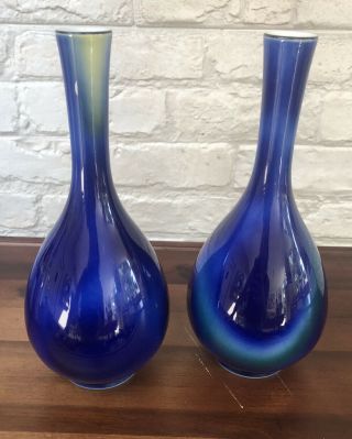 Japanese Seto Vintage Studio Pottery Bottle Vase Blue Glaze Pair Marked