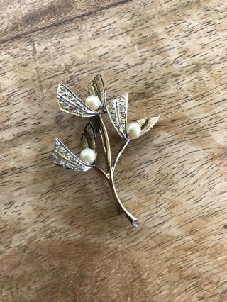 Large Vintage Mistletoe Silver Brooch With Clear Stones And Seed Pearls