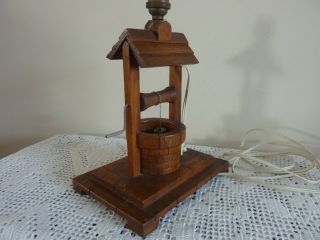 Vintage 1950s Wooden Table Lamp With Wishing Well And Water Bucket