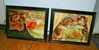 2 Vintage Paint By Number Pictures Cats And Goldfish
