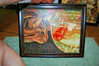 2 vintage paint by number pictures cats and goldfish 2