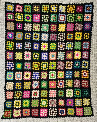 Vintage Handmade Granny Square Crochet Afghan Blanket Multi Colored 66” X 52”