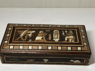 Vintage Egyptian Marquetry Inlaid Wooden Trinket Jewellery Hinged Box