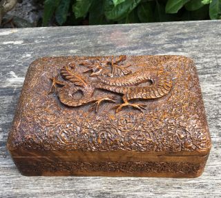 Old Vintage Wooden Carved Hardwood Trinket Box With Chinese Dragon Top