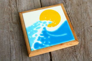 Wood Framed Vintage Mcm Trivet Art Tile Surf Sun Usa Made Bright Retro Colors Hq
