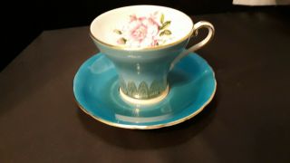 Vintage Aynsley Bone China Tea Cup & Saucer - Teal W/gold Trim,  Leaves&flowers