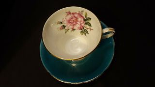 Vintage Aynsley Bone China Tea Cup & Saucer - Teal W/Gold Trim,  Leaves&Flowers 2