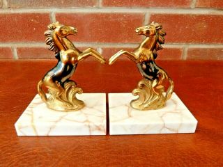 French Vintage Bronzed Spelter Rearing Horses On Marble Bookends