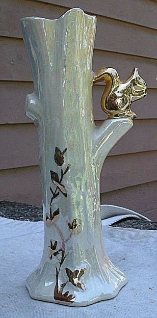 Vintage Squirrel On Tree Trunk Vase 1950s 24k Gold Leaf Pottery Mccoy?shawnee?